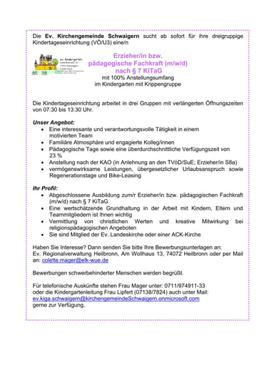 Stellenausschreibung Kindergarten