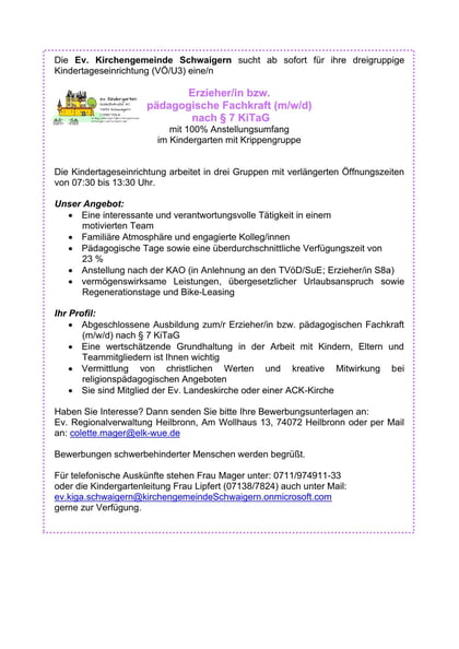 Stellenausschreibung Kindergarten